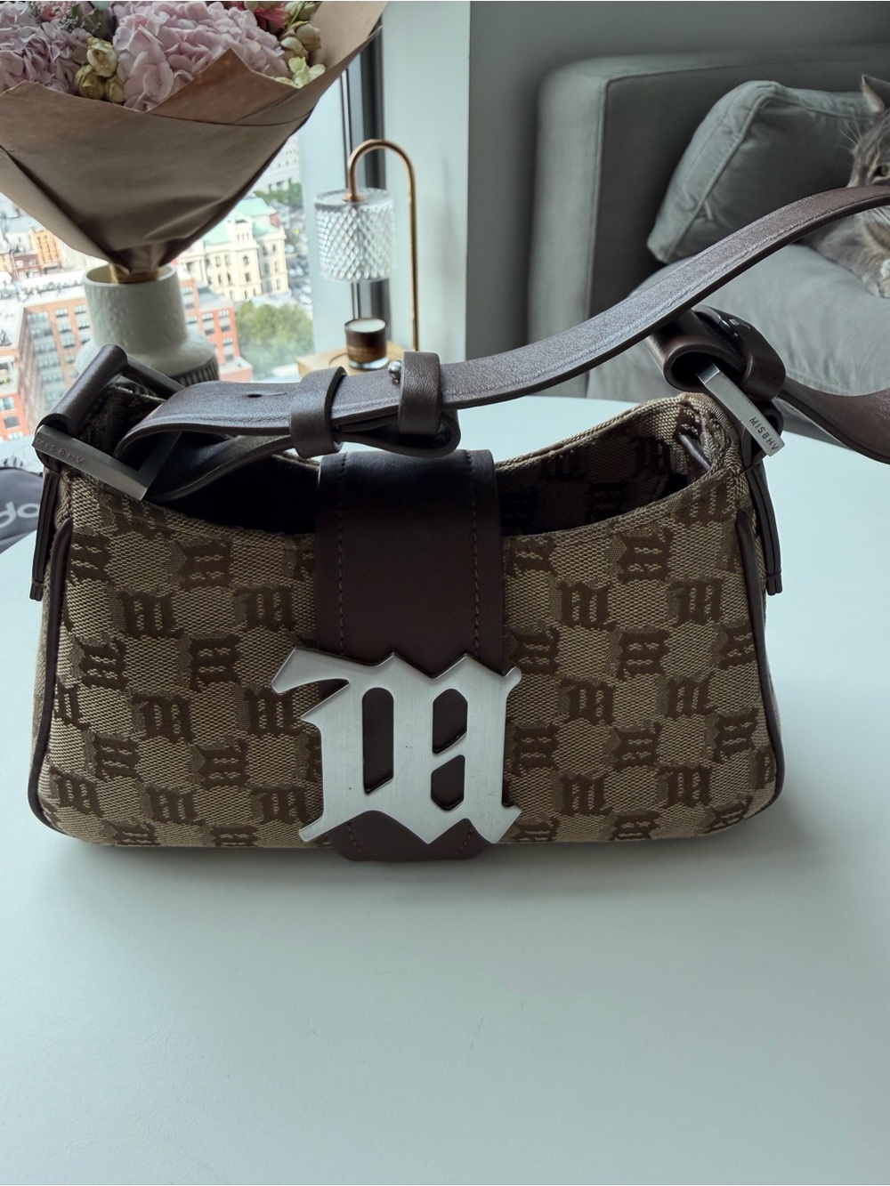 MISBHV Brown Monogram Shoulder Bag with Silver Emblem